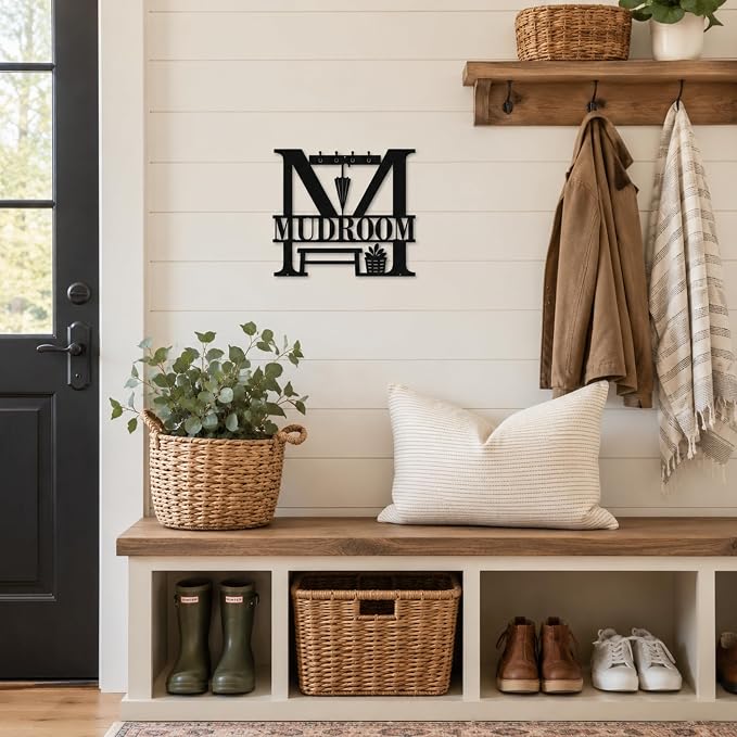 Mudroom Metal Wall Decor, Farmhouse Entryway Sign, 14 Inch | 14-inch matte black metal mudroom sign with pre-drilled holes for farmhouse entryway, hallway, or utility room decor. - Image 9