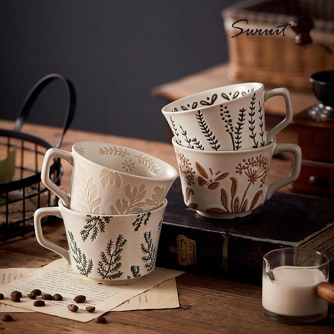 12 oz Vintage Ceramic Coffee Mug Set of 4 - Handmade Stoneware Pottery Countryside Farmhouse Fall Autumn Tea Mugs with Big Handle for Latte,Cocoa,Dishwasher & Microwave Safe Cups (Plants) - Image 2