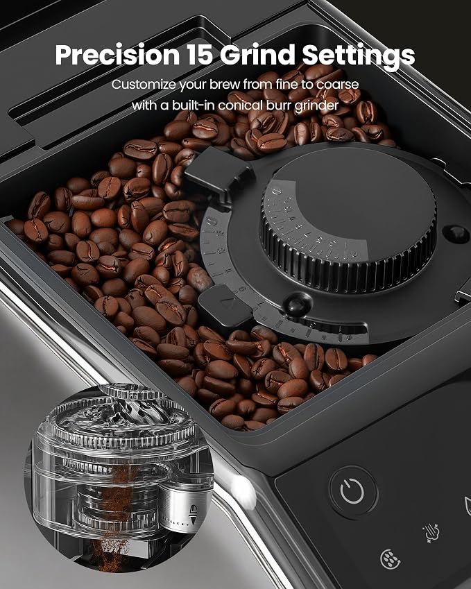 Automatic Espresso Machine with Grinder & Milk Frother | Touchscreen Coffee Maker with 20 Bar Pressure and 15 Grind Settings for Cappuccino, Latte, Americano and Espresso - Image 5