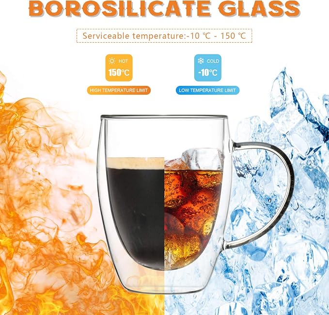 MEWAY 12oz/6 pack Coffee Mugs,Clear Glass Double Wall Cup with handle for Coffee, Tea, Latte, Cappuccino (12 oz，6) - Image 3