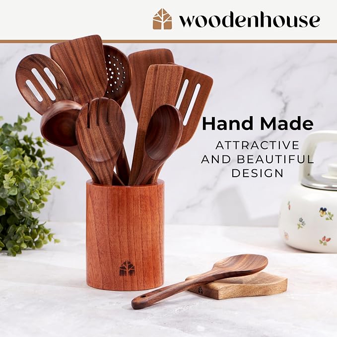 Wooden Spoons for Cooking, 12 Pcs Teak Utensil Set with Holder & Hooks | Includes Spoon Rest for Storage – Heat Resistant, Durable & Nonstick Safe Kitchen Cookware - Image 6
