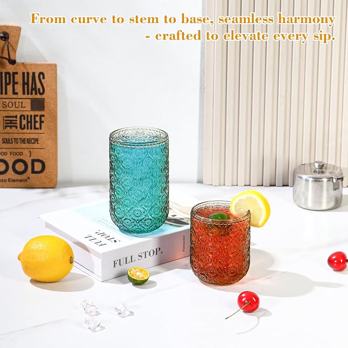 Green Drinking Glasses Set of 12, 12 Oz Highball & 10 Oz Cocktail Glasses, Green Kitchen Vintage Glassware Set, Floral Embossed Glass Tumbler Cups for Water, Beer, Juice, Whiskey, Coffee - Image 9