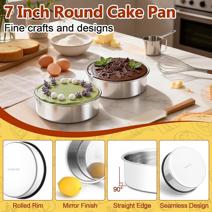 P&P CHEF 7 Inch Cake Pan Set of 2, Stainless Steel Round Cake Baking Pan | Layer Cake Tin Bakeware for Cooking Steaming, Ideal for Birthday Wedding Anniversary, Fit for Home & Commercial Use - Image 3