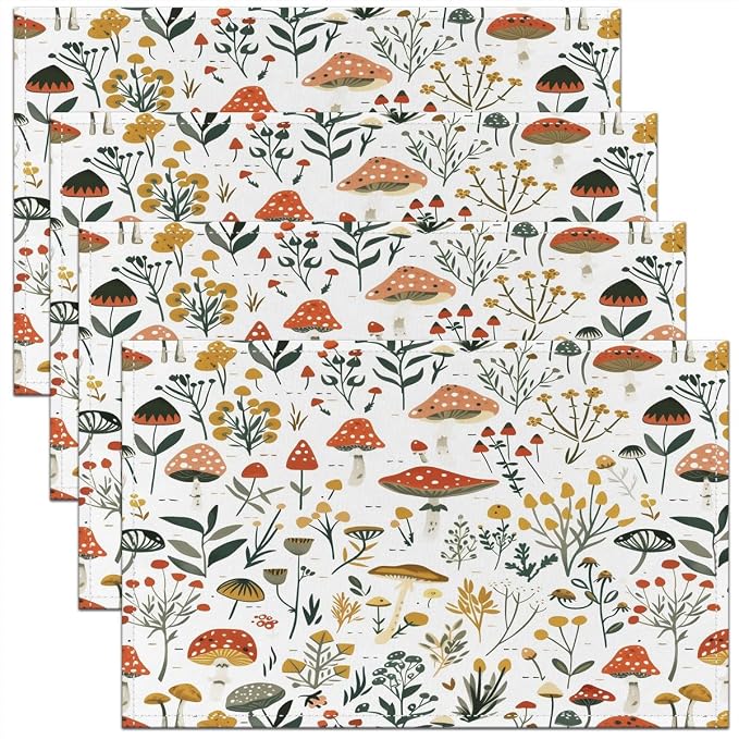 Feelyou Botanical Theme Table Place Mats 18"x12" Wild Mushroom Stuff Placemats Set of 4 Plant Placemat for Kitchen Dining Table Decor Indoor Outdoor Mushroom Decor Table Place Mats Nature by Feelyou