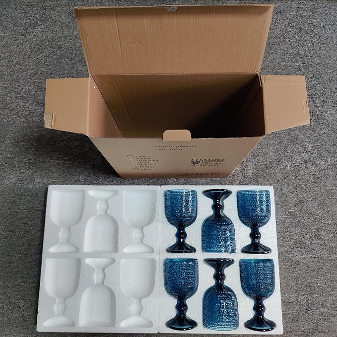 Taganov Glasses Drinking Wine Water Goblets Glassware set of 6 Vintage Stem Glasses Stemware 12 Ounces for Wedding Party Bar Twill Pattern Striped 350 ml (Blue) - Image 5