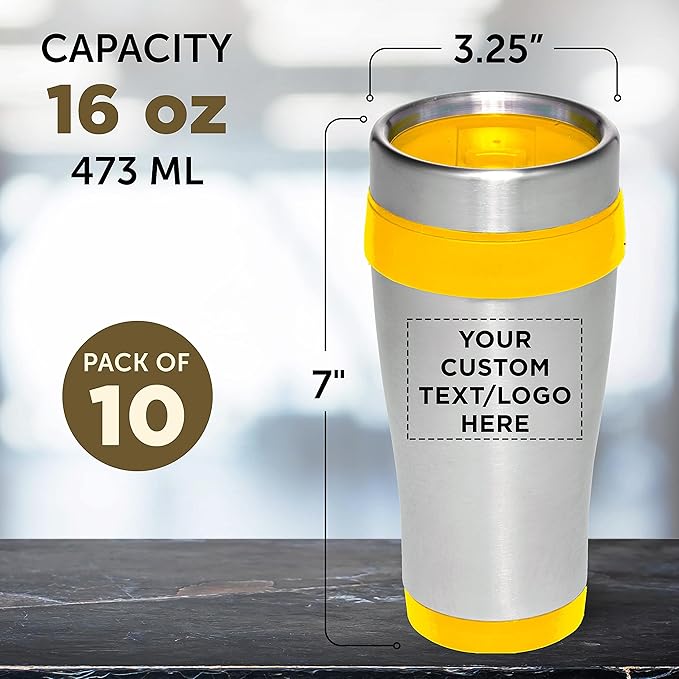 Custom Insulated Stainless Steel Travel Mugs 16 oz. Set of 10, Personalized Bulk Pack - Perfect for Coffee, Soda, Other Hot & Cold Beverages - Yellow