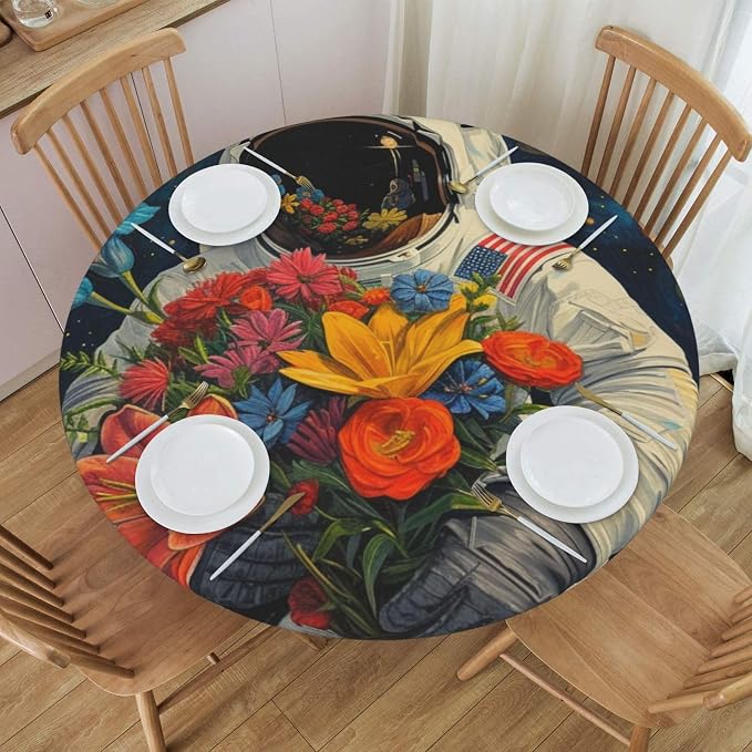Astronaut with Flowers in Space Round Tablecloth Fitted Table Cover The Flower Seller Washable Tablecloths for Kitchen Dining Party 40-44 Inch - Image 3