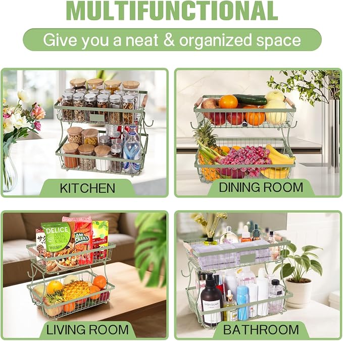 Fruit Basket Bowl 2 Tier Detachable with 2 Banana Hangers, Fruit Stand Holder for Kitchen Countertop, Metal Wire Vegetable Storage Organizer, for Bread Snack Veggies Produce,green - Image 5