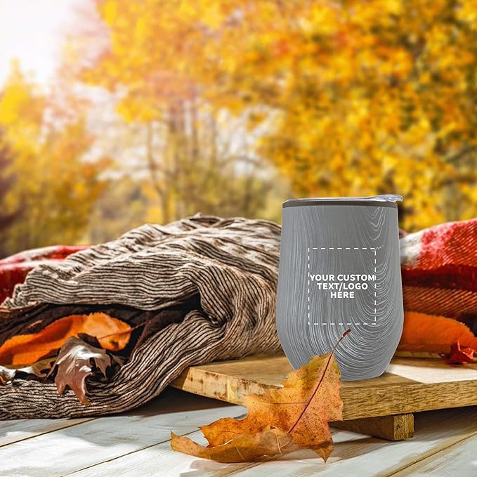 Custom Palmera Stemless Wine Tumblers with Lids 12 oz. Set of 24, Personalized Bulk Pack - Perfect for Wine, Cocktails, Other Hot & Cold Beverages - Rustic Grey