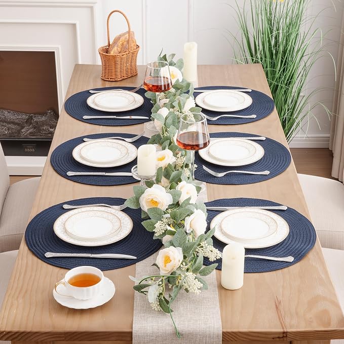 SHACOS Round Placemats Set of 6 Washable 15 inch Circle Polyester Woven Braided Place Mats for Dining Table Indoor Outdoor Table Mats Home Party Wedding Decor (Navy, 6) - Image 2