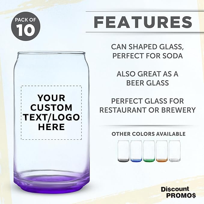 Custom Beer Can Glasses Set of 10, 16 oz. Pint Sized, Promotional Text, Logo, Soda Can Shape, Glassware, Purple