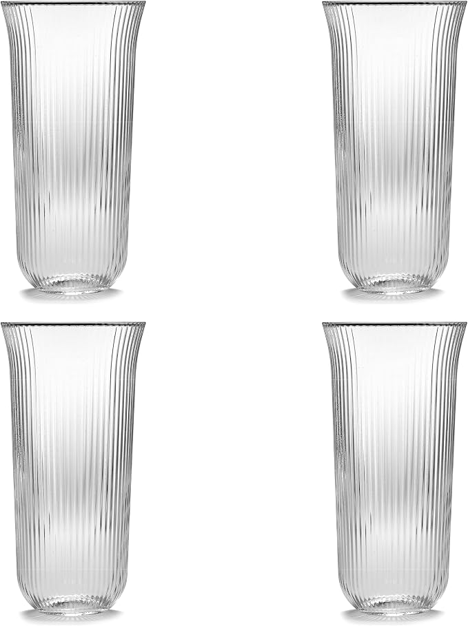 Serax Longdrink Drinking Glasses Set of 4 | Inku Glassware by Sergio Herman | Clear Ribbed Water Glass Cups without Lids | Home Essentials, Kitchen Set | Beer, Juice | Coffee Accessories by Serax