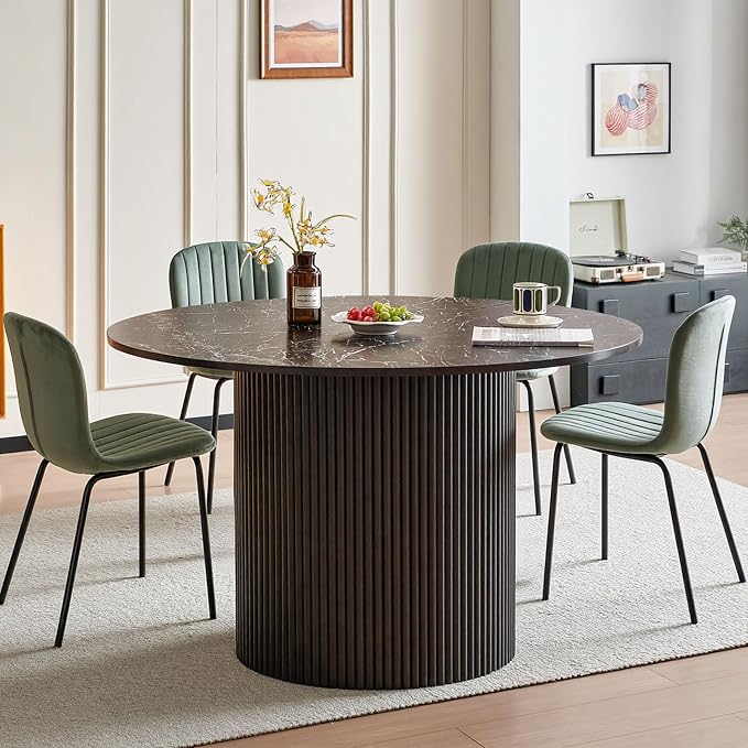 Dining Table Set for 4, 47 Inch Mid Century Modern Faux Marble Round Kitchen Table and Chairs, Space-Saving Small Dinette Set (Black Table+4 Green Chairs) - Image 4