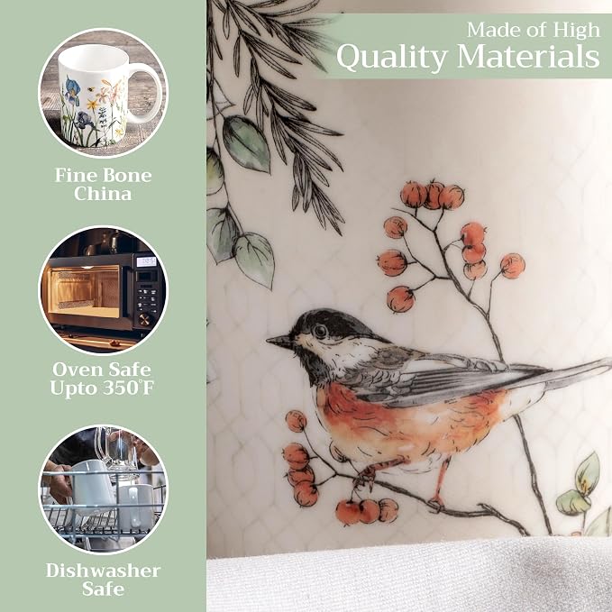 Maison d' Hermine Coffee Mug with Handles Tea Cups (15 Ounce, Pack of 1) | Fine Bone China Coffee Mugs for Hot Beverages Cappuccino Latte Home Spring Summer -Whitish Shabby Chique - Winter Robin - Image 3