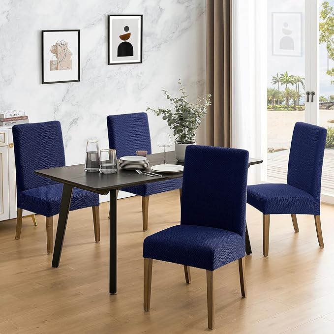 MOSAYT 100% Waterproof Dining Room Chair Covers Set of 4, Super Fit Stretch Jacquard Parson Chairs Slipcovers Removable Washable Chair Seat Protectors for Home, Kitchen, Banquet (Navy Blue) - Image 2