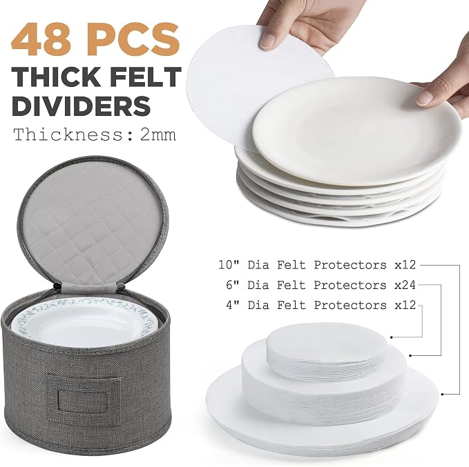 LotFancy China Storage Containers, Hard Shell, 4PCS Set, Dish Saucer Plate Storage Box for Moving, Stackable Dinnerware Organizer Bins with 48 Felt Dividers, Grey - Image 3