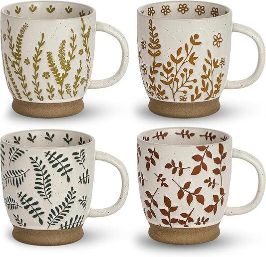 18 Oz Large Ceramic Coffee Mug Set of 4 - Rustic Handmade Floral Mugs with Handle, Microwave Safe for Latte Espresso Cappuccino Tea Cocoa Milk, Modern Unique Big Cups for Kitchen Women by SwuutKitchen