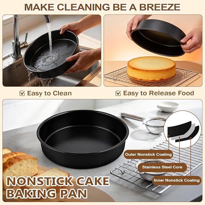 P&P CHEF 9 Inch Cake Pan Set of 4, 4 Pcs Nonstick Round Cake Baking Pans | Stainless Steel Core & Non-stick Coating, Layer Cakes Tin for Cooking, Ideal for Birthday Wedding, Oven & Dishwasher Safe - Image 5