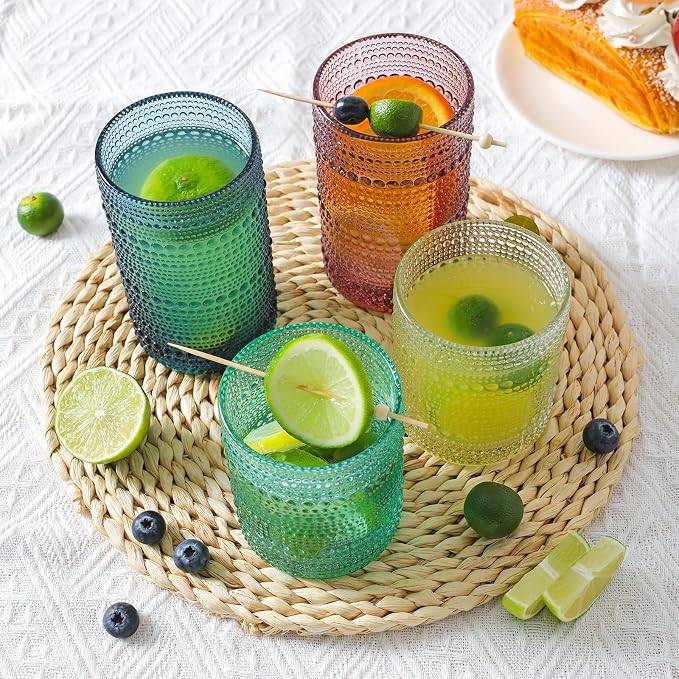 Moretoes Colored Hobnail Drinking Glasses Set of 12,Vintage Glass Cups | Mixed Glassware, 6pcs 12oz Highballs and 6pcs 10oz Old Fashioned Glasses, Great for Cocktail, Whisky and Other Beverages - Image 5