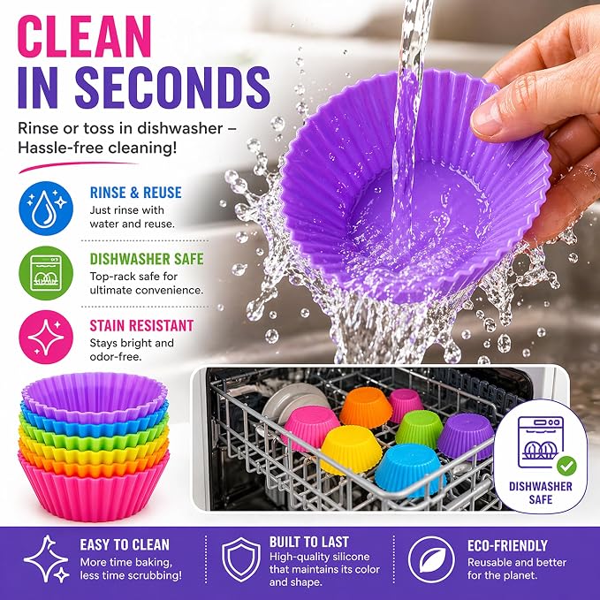 Cupcake Liners - Reusable Silicone Cupcake Baking Cups - Non-Stick Baking Muffins Mold - Use As Lunch Box Dividers - Set of 12 Kitchen Accessories - Great Gift Idea - Image 5