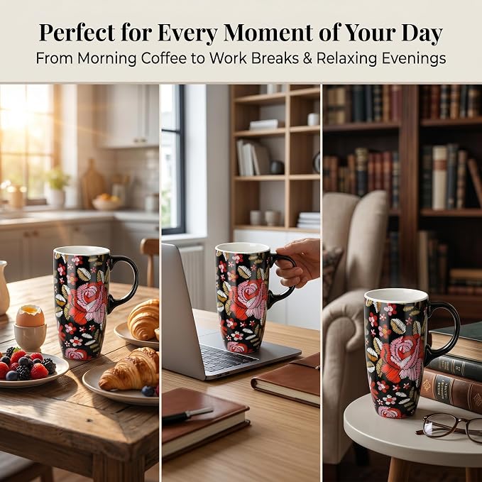 Topadorn Ceramic Travel Mug with Lid, 17oz Embroidered Floral Mug | 17oz Ceramic Travel Mug • Embroidered Floral Design • Coffee Mug with Lid • Microwave & Dishwasher Safe • Gift Box - Image 3