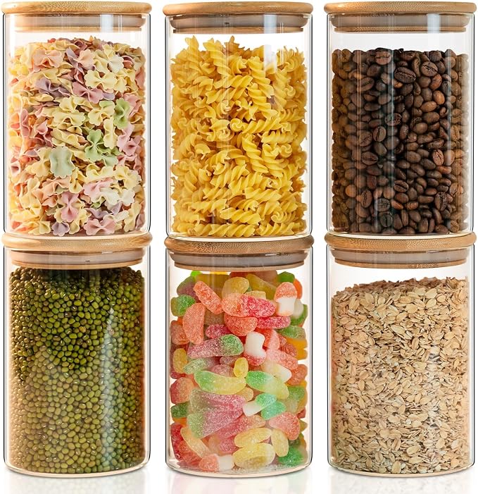YUNCANG Glass Food Storage Jars 50oz [Set of 6],Clear Glass Food Storage Containers with Airtight Bamboo Lid Stackable Kitchen Canisters for Candy,Cookie,Rice,Sugar,Flour,Pasta by YUNCANG