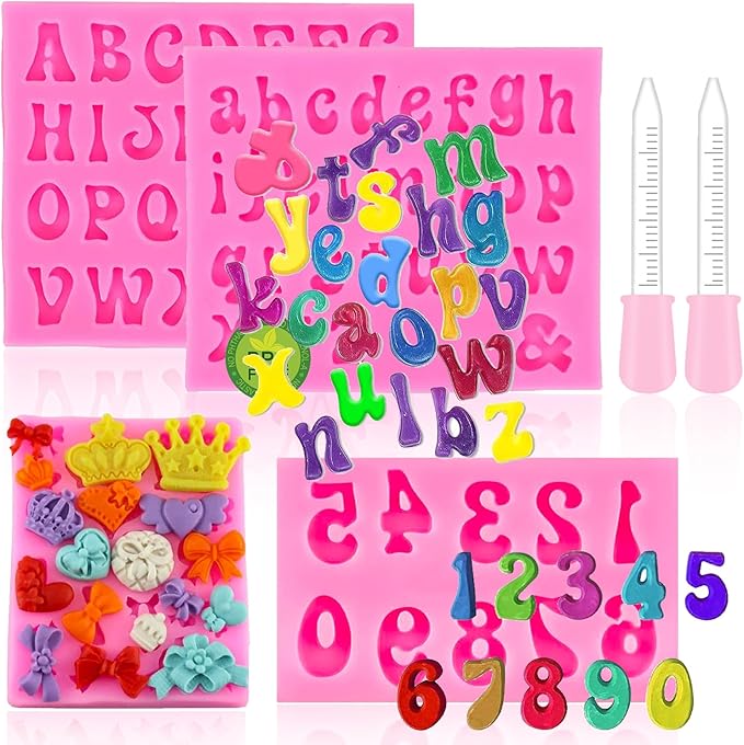 Letter Silicone Mold Alphabet Number Molds，Crown Fondant Candy Silicone Molds Bows Crown Heart Mold for Gummy Baking Candy Making Chocolate Molds Sugar for DIY Crafts Candy Desserts Cupcake Decoration