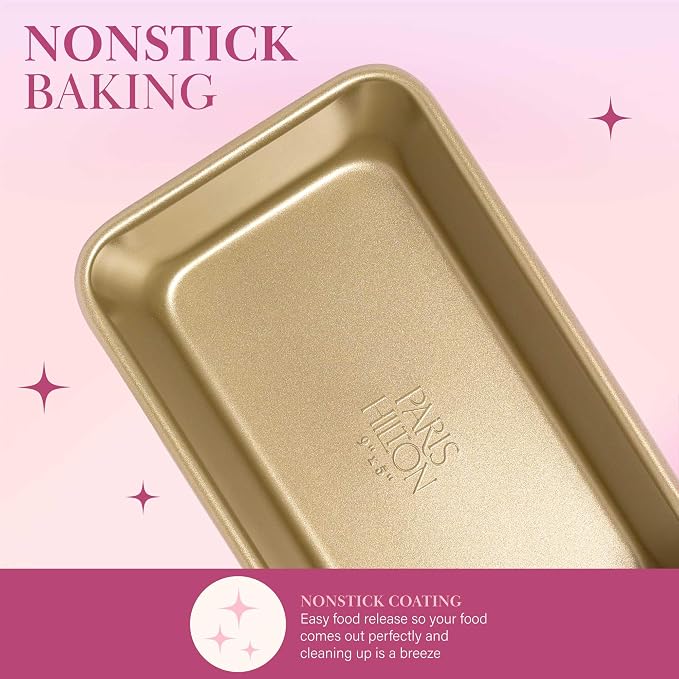 Paris Hilton Nonstick Carbon Steel Bakeware Collection, 9-Inch x 5-Inch Loaf Pan, Dishwasher Safe, Made without PFOA and PFAS, Pink Champagne Two-Tone - Image 3