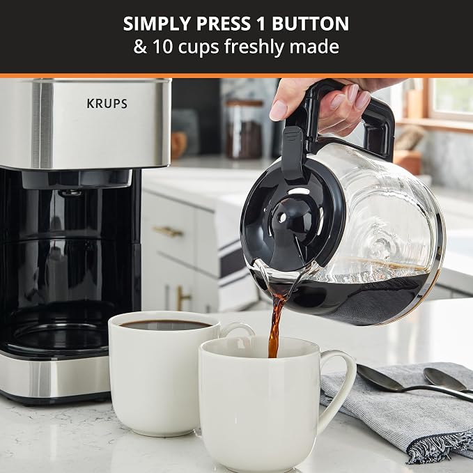 KRUPS Coffee Maker 10 Cups Simply Brew Stainless Steel Drip Coffee Maker, 900 Watts Coffee Filter, Drip Free, Dishwasher Safe Pot , Black & Silver | Pause & Brew mid-cycle pour, Keep Warm function, Reusable filter included, Drip-free dishwasher-safe gl... - Image 2