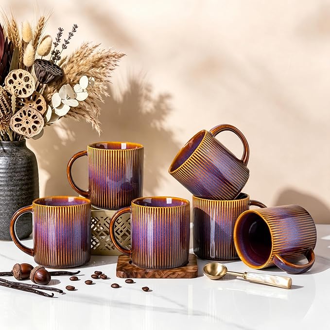 theterra Ceramic Coffee Mugs Set of 6, 14.2 oz Coffee Cups with Handle | Handmade, Suitable for Latte, Tea, Milk, Beer & Hot Cocoa, Amber Amethyst by TheTerra