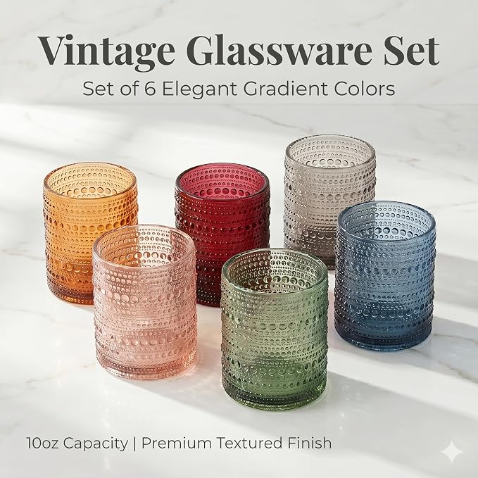 Mfacoy Colored Hobnail Drinking Glasses Set of 6, 10oz Vintage Kitchen Glassware, Embossed Beaded Glass Cups, Water Glasses, Beaded Colorful Water Tumbler for Cocktail, Juice and Various Mixed Drinks - Image 2