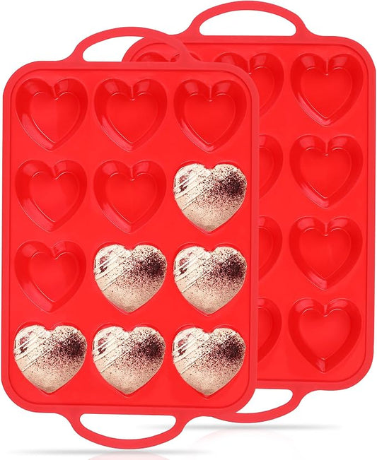 2 Pcs Heart Shaped Muffin Pan with Metal Reinforced Frame 12 Cup Nonstick Silicone Heart Cake Mold for Baking 2.5 Inch Cupcake Tray (Red) by AOTASO