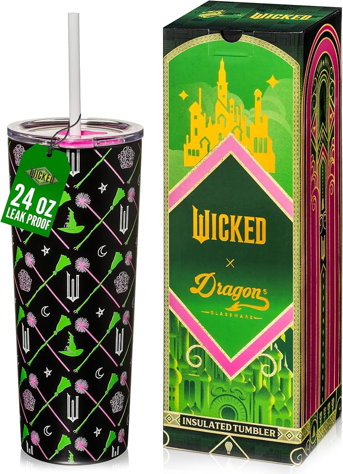 Dragon Glassware x Wicked Stainless Steel Tumbler with Straw, 24 oz - Green | Vacuum Insulated Wicked Cup with Lid & Straw For Water & Iced Tea; Official Wicked Merch by DragonGlassware