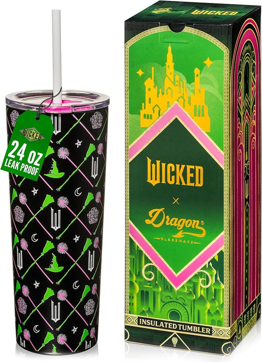 Dragon Glassware x Wicked Stainless Steel Tumbler with Straw, 24 oz - Green | Vacuum Insulated Wicked Cup with Lid & Straw For Water & Iced Tea; Official Wicked Merch by DragonGlassware