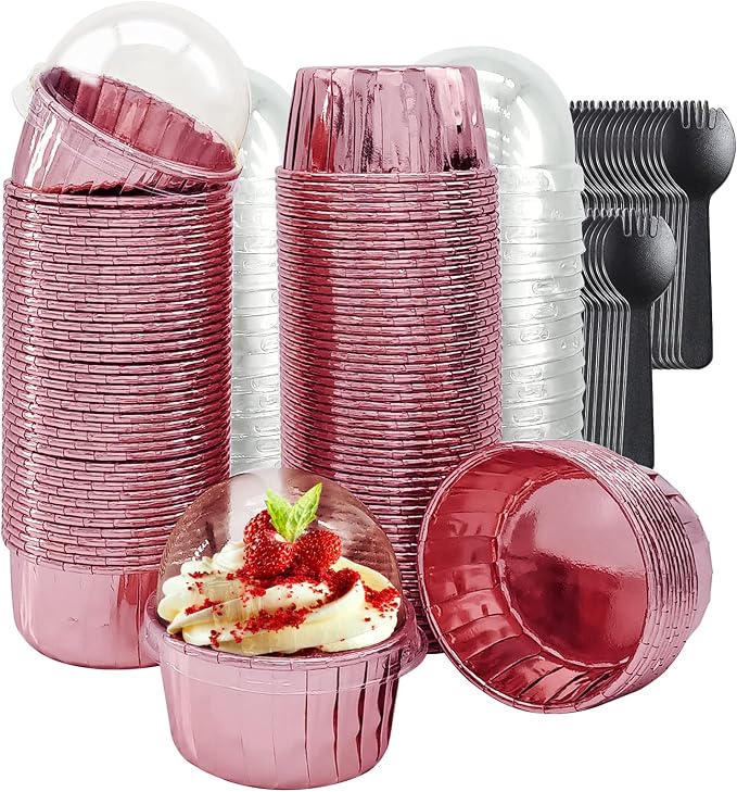 Foil Cupcake Liners Baking Cups With Lids 100 Pack,LNYZQUS 5.5 Oz Large Cupcake Tins Muffin Cups,Disposable Ramekins With Lids,Cupcake Wrappers Holders For Wedding Bakery,with Spoons-Rose Gold by LNYZQUS