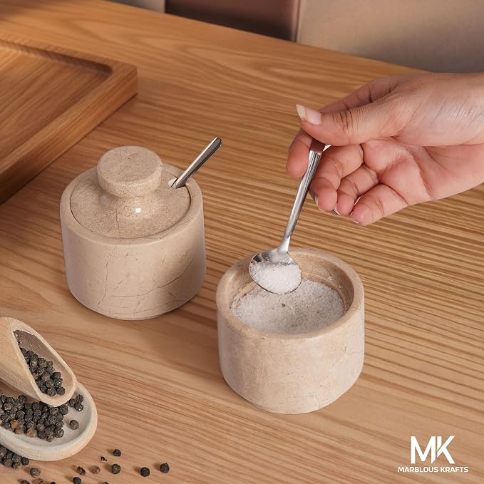 MARBLOUS KRAFTS Marble Salt Cellar 3" Inch Verona Stone Salt Container, Ideal Set of 2 Coffee Storage Container Kitchen Countertop, Candy Jars with Lids and Spoons, Spice Storage - Image 6