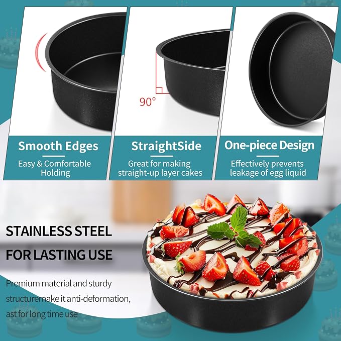 P&P CHEF 4/6/8/9.5 Inch Cake Pan Set, Non-stick Baking Pans for Cake, 4Pcs | Round Cake Baking Tins for Tier Smash Cakes, Bread, Non-Toxic & Solid, Stainless Steel Core & Leak-Proof, Black - Image 3
