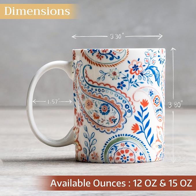 Maison d' Hermine Coffee Mug with Handles Tea Cups (15 Ounce, Pack of 1) | Fine Bone China Coffee Mugs for Hot Beverages Cappuccino Latte Home Restaurant Hotel Spring Summer -Indian Floral - Paisley - Image 4