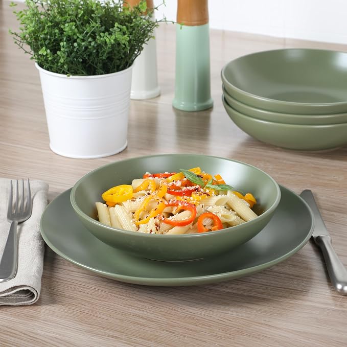 Gibson Home Queenslane 16-Piece Matte Green Stoneware Dinnerware Set – Double Bowl Plates and Bowls, Durable Kitchen Dinner Set - Image 5