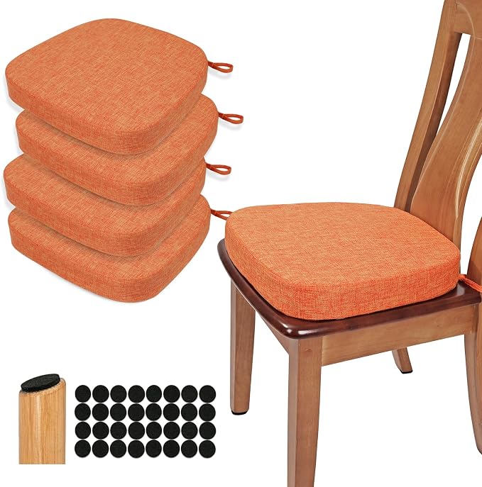 BUYUE Thickened 2.5" Dining Chair Cushions Set of 4, U-Shape High Density Foam Comfortable Chair Pads for Kitchen, Slip Resistant Indoor Seat Cushions (4 PCS, Orange) by BUYUE