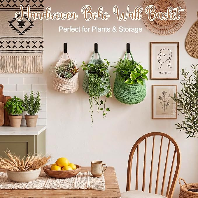 Honeydak Boho Decor Hanging Wall Baskets for Kitchen 3 Pack Teardrop Baskets with Hooks Storage Fruit Onion Vegetable Potato for Home 3 Sizes(Sage Color Palette,Barrel,Cotton Rope) - Image 4