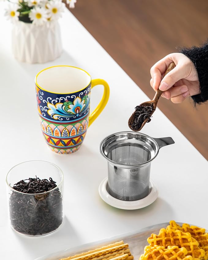 vancasso Ceramic Tea Mug with Infuser and Lid, 18 Ounce Bohemian Loose Leaf Cup, Microwave & Dishwasher Safe, Perfect for Tea, Coffee, Beige-Mustard Tribe - Image 8
