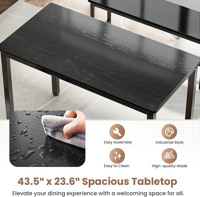 Dining Table Set for 4, Kitchen Table with 2 Benchs, Black | Modern Functional 3 Piece Space-Saving Dining Room Table Set for Apartment, Breakfast Nook, Small Space - Image 8