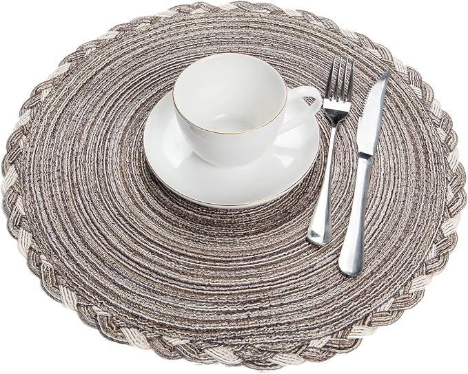SHACOS Round Placemats Set of 4 Braided Glitter Round Table Placemats 15 inch for Wedding Holiday Party (Multicolor-Light Coffee, 4) - Image 6