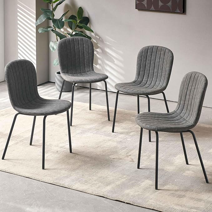 Dining Chair Set of 4, PU Leather Kitchen Chairs, Dark Grey | Black Metal Legs, Curved Backrest, Upholstered, Modern Comfort for Dining Room, Easy Clean, Space-saving, Restaurant & Cafe - Image 8