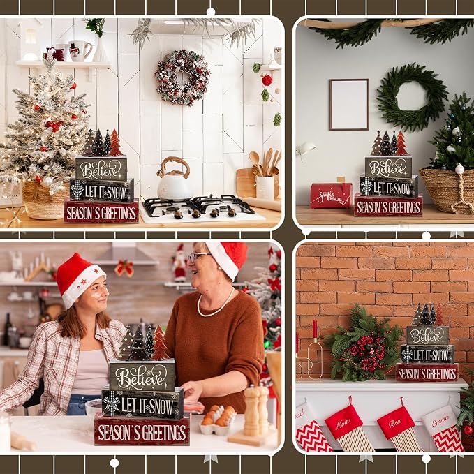 Moucuny 4 Pcs Christmas Table Decor Christmas Tree Centerpiece Rustic Decorative Tree Block Signs Gift Winter Tiered Tray Decor Farmhouse Winter Tabletop Decoration for Home Xmas Party Kitchen Shelf - Image 6