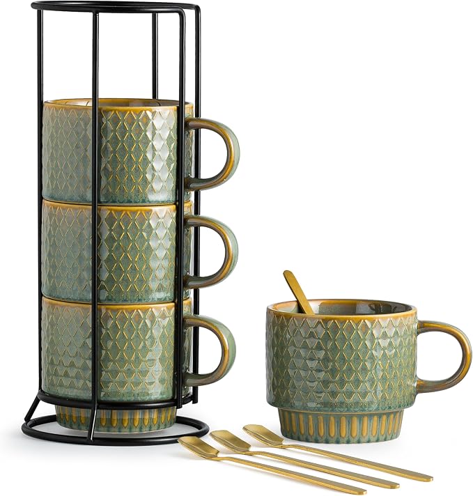 LYEOBOH Coffee Mug, Coffee Mugs Set of 4, Stackable Coffee Mugs with Rack and Spoons - 13 Oz Cup Set with Stand, Ceramic Mugs for Home & Kitchen, Blue and Green by LYEOBOH