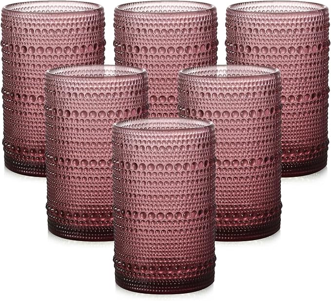 ZMOWIPDL Drinking Glasses Set of 6,15 oz Purple Hobnail Glass Cups | Vintage Glassware，Embossed Water Tumbler,for Beer,Cocktail,Whiskey,Juice and Various Mixed Drinks- 1 Cleaning Brush by ZMOWIPDL