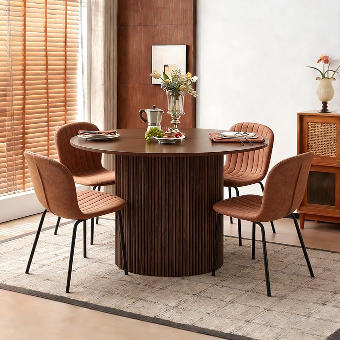 Round Dining Table Set for 4, Mid Century Modern Wooden Kitchen Table and Chairs, Space-Saving Small Dinette Set (47 Inch Walnut Table+4 Brown Chairs) - Image 4