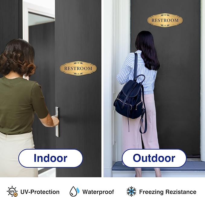 Restroom Sign Sticker for Business & Home, Self-Adhesive Brushed Gold | Elegant Bathroom Signs for Door, Durable & Waterproof Unisex Restroom Signage for House Toilet, Office, Store, Shop - Image 4
